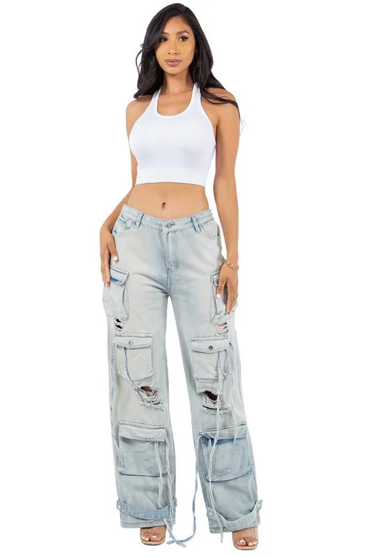 TEEK - LIGHT BLUE SEXY CARGO STYLE DENIM PANTS