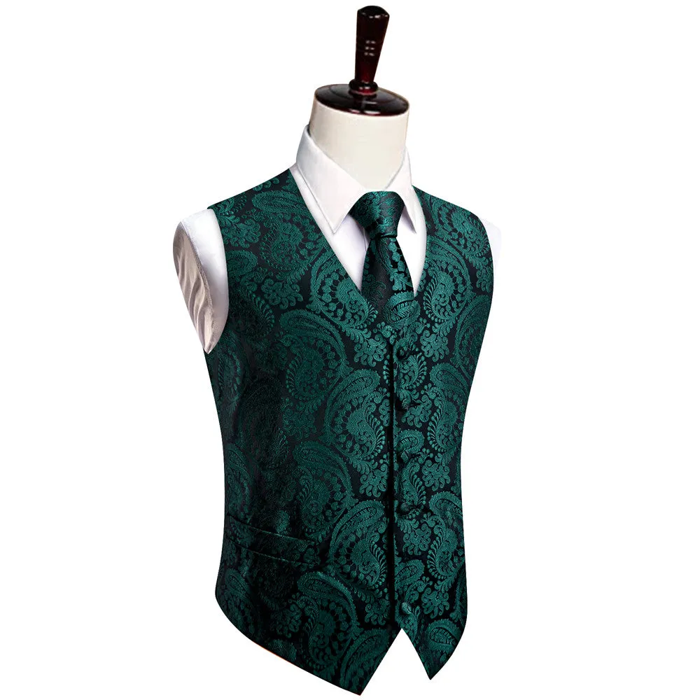 Ties2you Dark Green Paisley Jacquard Silk Men's Vest Hanky Cufflinks Tie Set