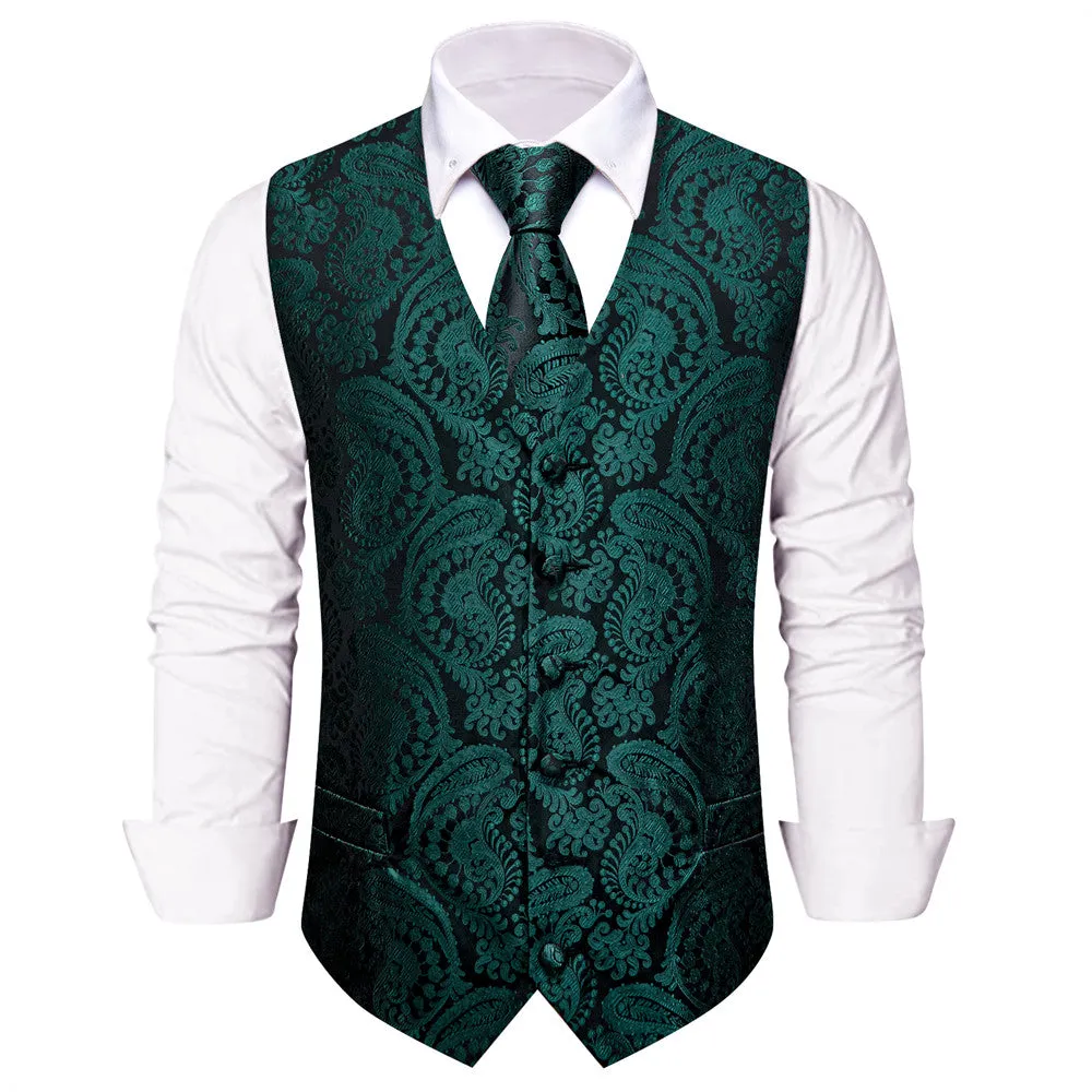 Ties2you Dark Green Paisley Jacquard Silk Men's Vest Hanky Cufflinks Tie Set