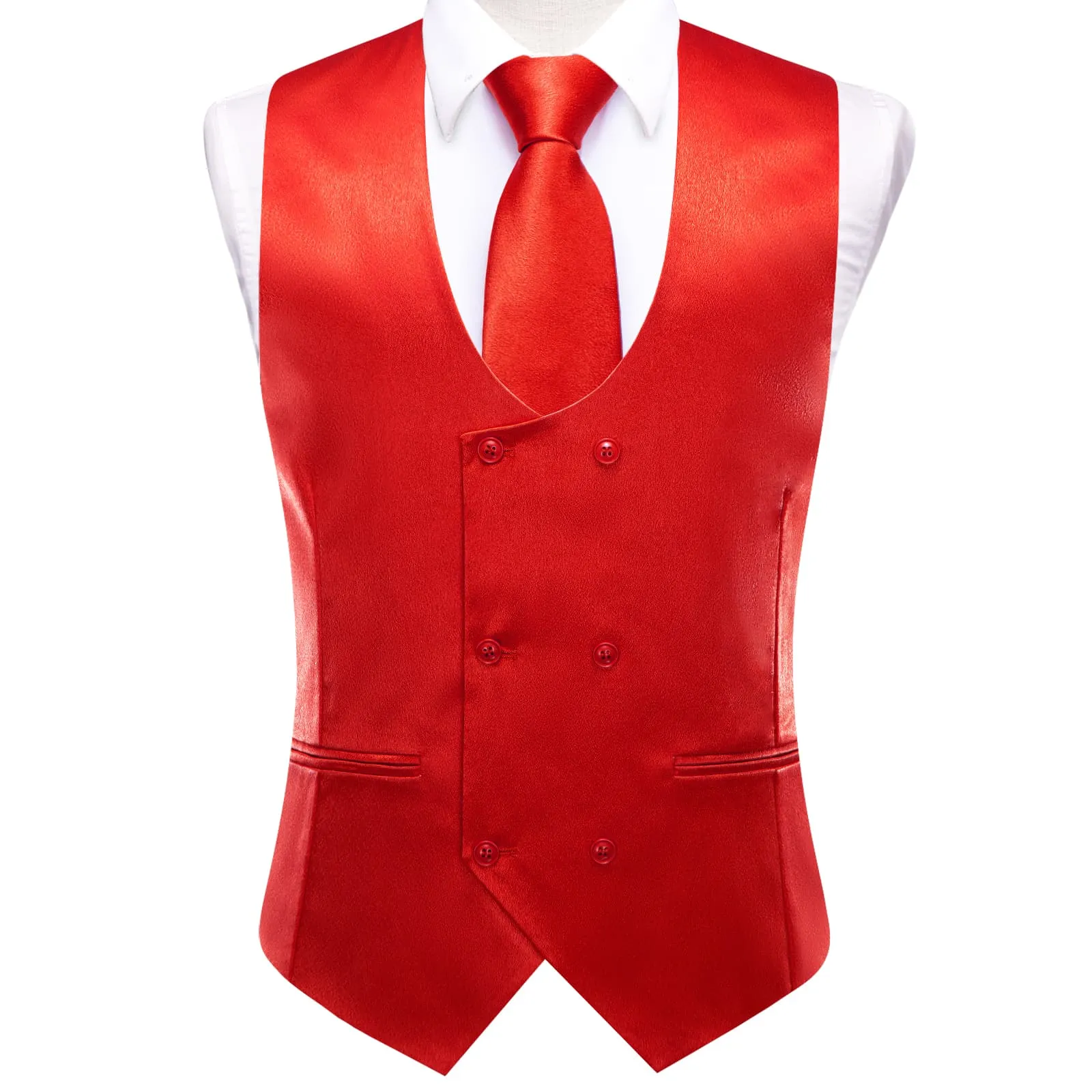 Ties2you Double Breasted Vest Lava Red Solid Mens Work Dress Vest Tie Bowtie Set 5PC