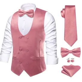 Ties2you Double Breasted Vest Salmon Pink Solid Mens Dress Vest Tie Bowtie Set 5PC