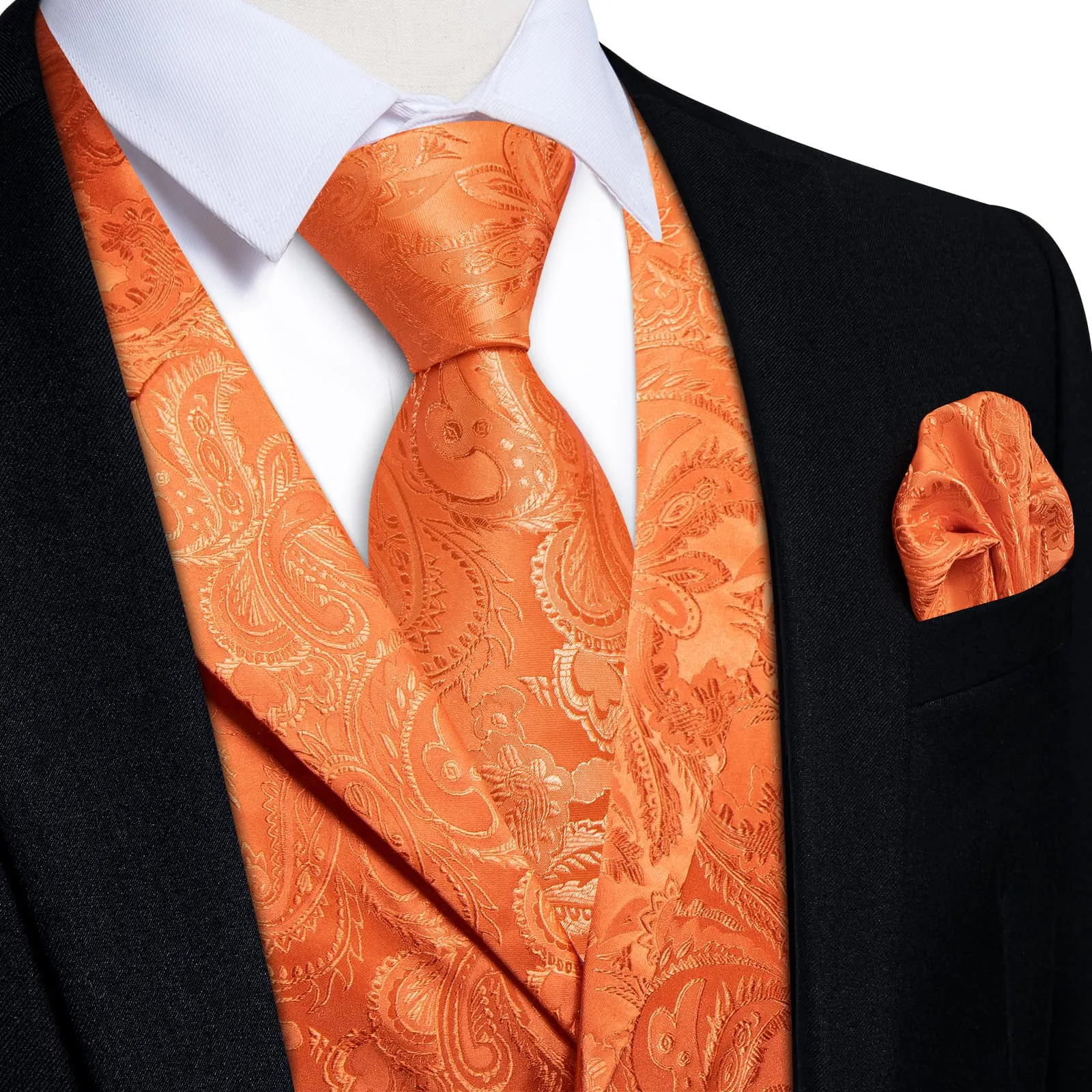 Ties2you Dress Vest Bright Orange Paisley Notched Collar Silk Mens Waistcoat Tie Set