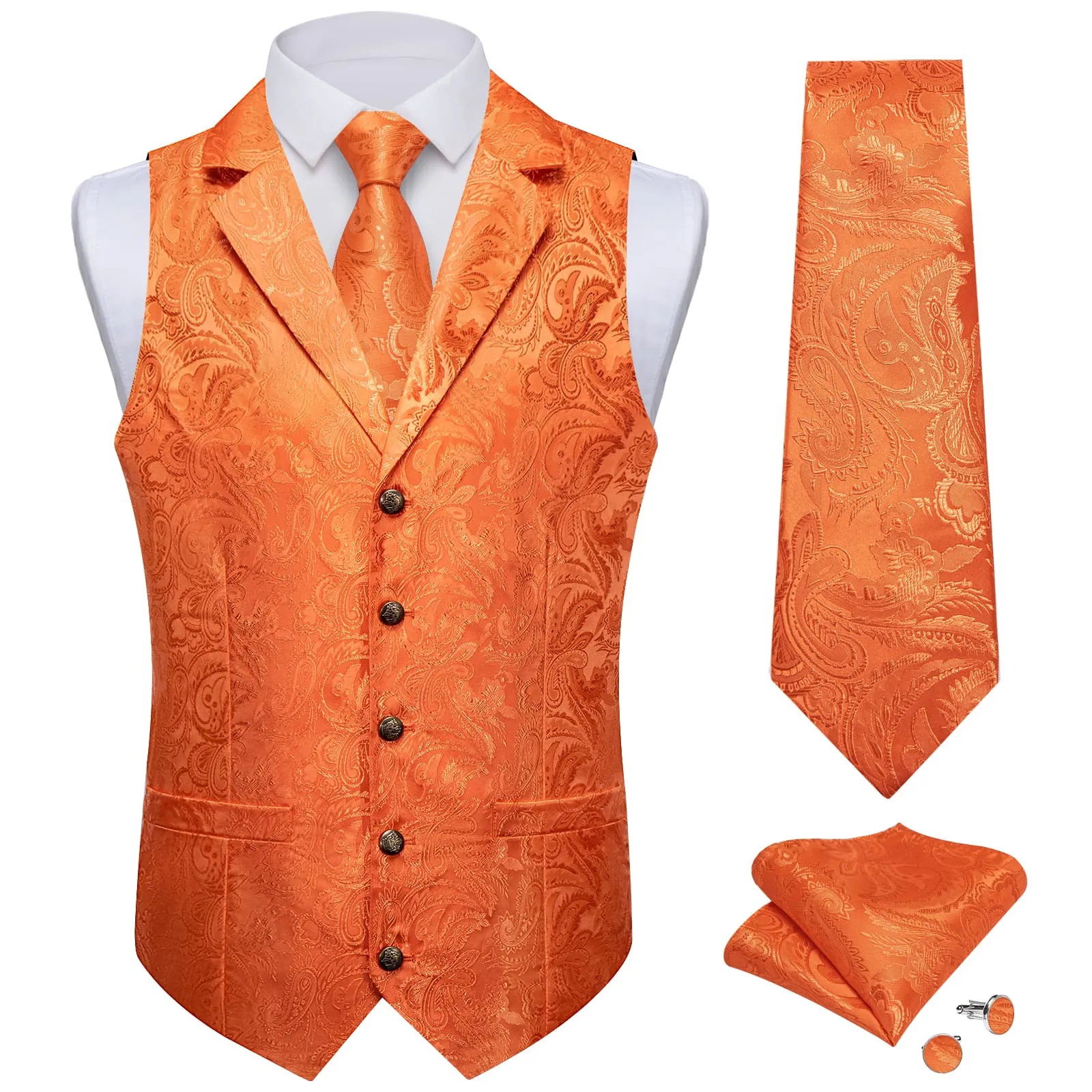 Ties2you Dress Vest Bright Orange Paisley Notched Collar Silk Mens Waistcoat Tie Set