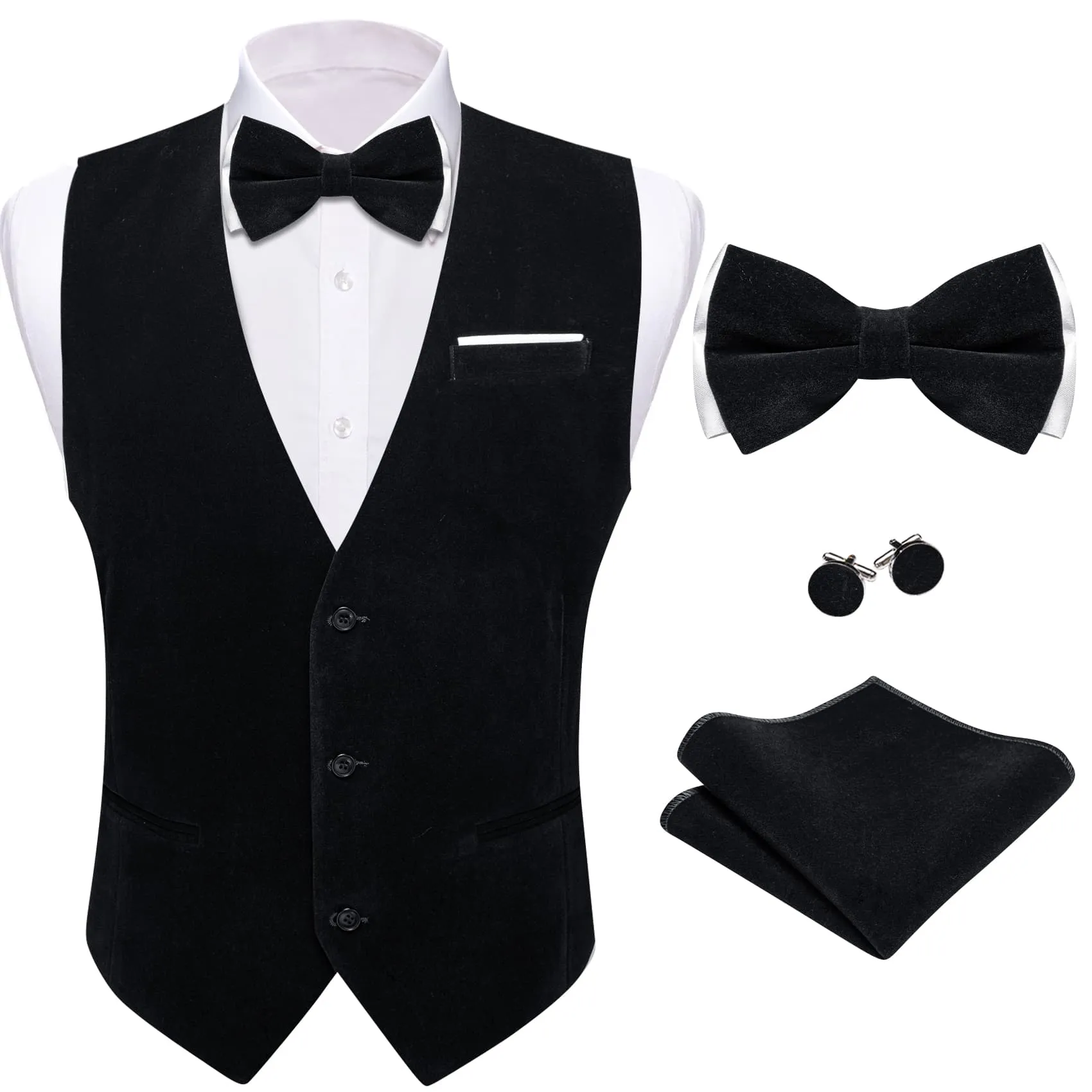 Ties2you Dress Vest Classic Black Solid V-Neck Mens Suede Leather Vest Waistcoat Bow Tie Set