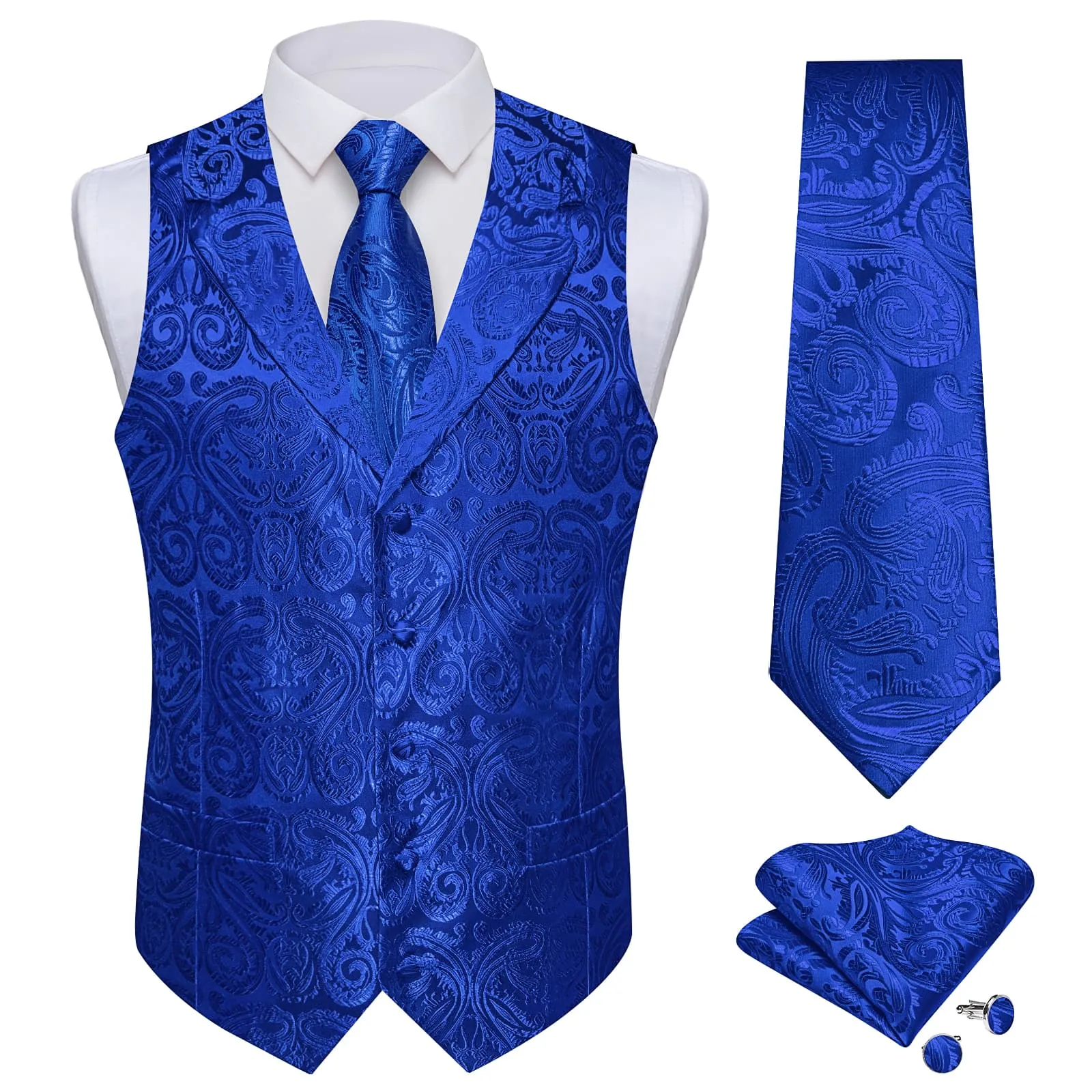 Ties2you Dress Vest Cobalt Blue Paisley Notched Collar Silk Mens Work Vest Tie Set