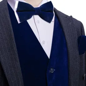 Ties2you Dress Vest Dark Blue Solid V-Neck Mens Waistcoat Suede Leather Vest Bow Tie Set