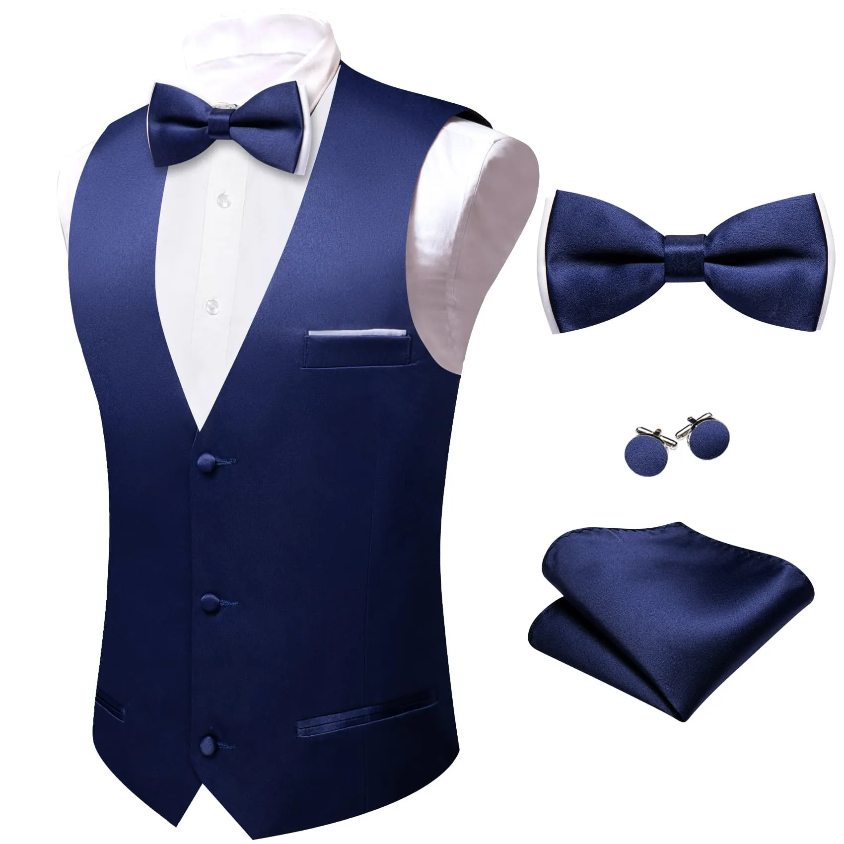 Ties2you Dress Vest Dark Cerulean Blue Solid V-Neck Waistcoat Mens Vest Bow Tie Set