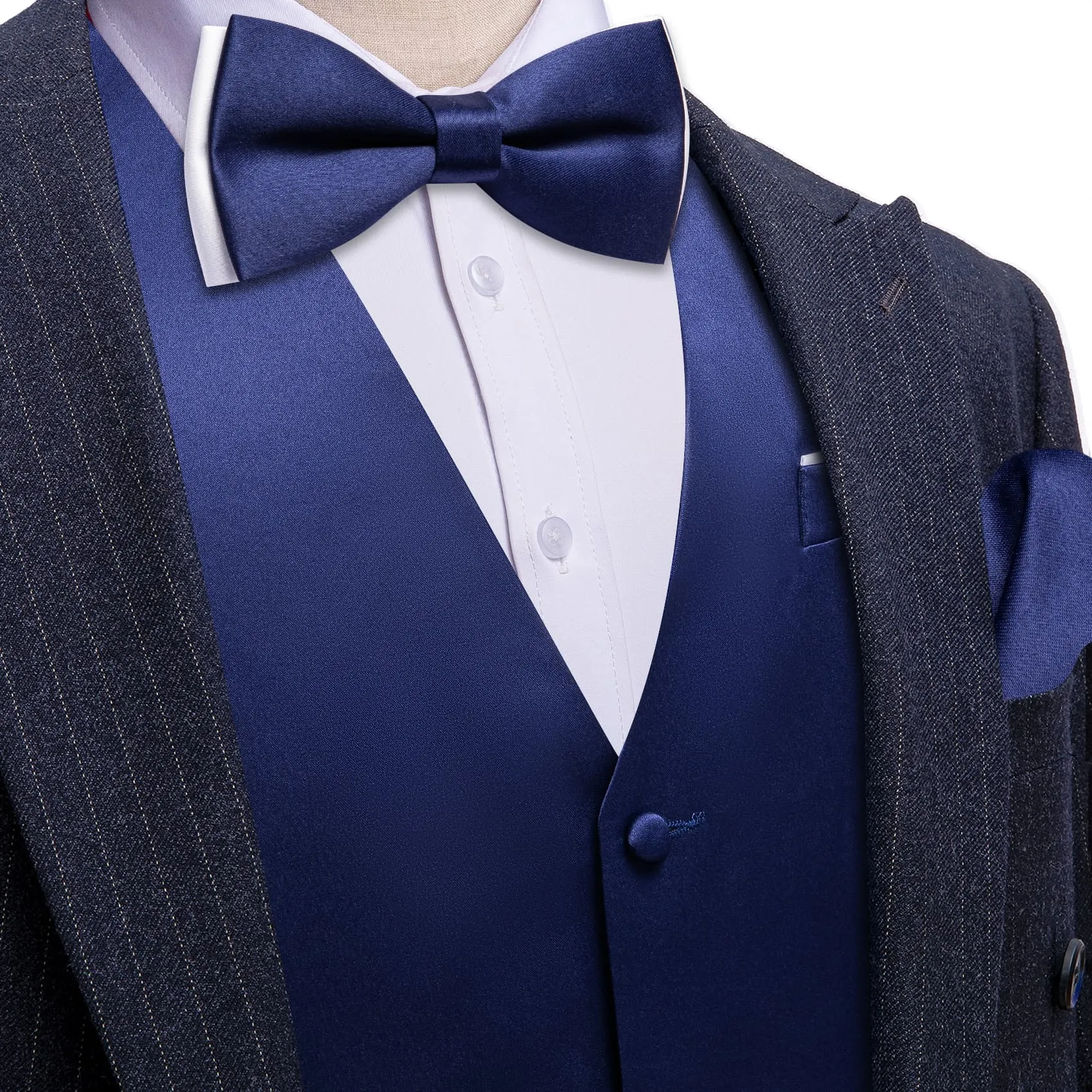 Ties2you Dress Vest Dark Cerulean Blue Solid V-Neck Waistcoat Mens Vest Bow Tie Set