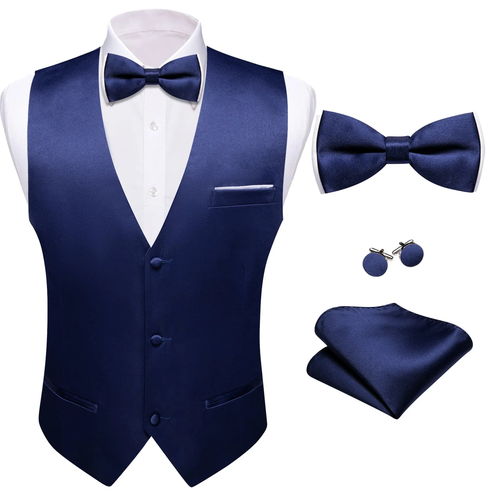 Ties2you Dress Vest Dark Cerulean Blue Solid V-Neck Waistcoat Mens Vest Bow Tie Set