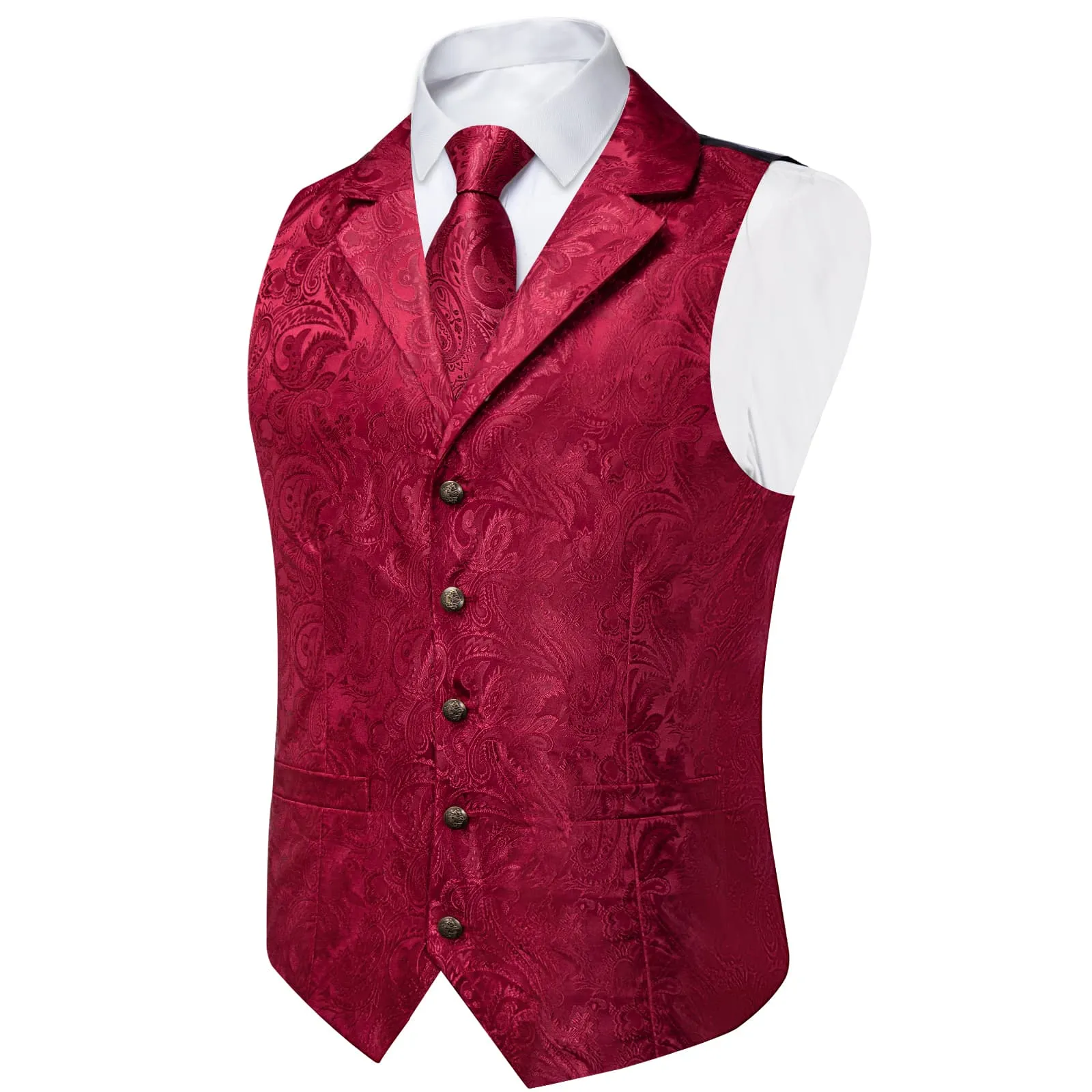 Ties2you Dress Vest Deep Wine Red Paisley Notched Collar Silk Mens Waistcoat Tie Set