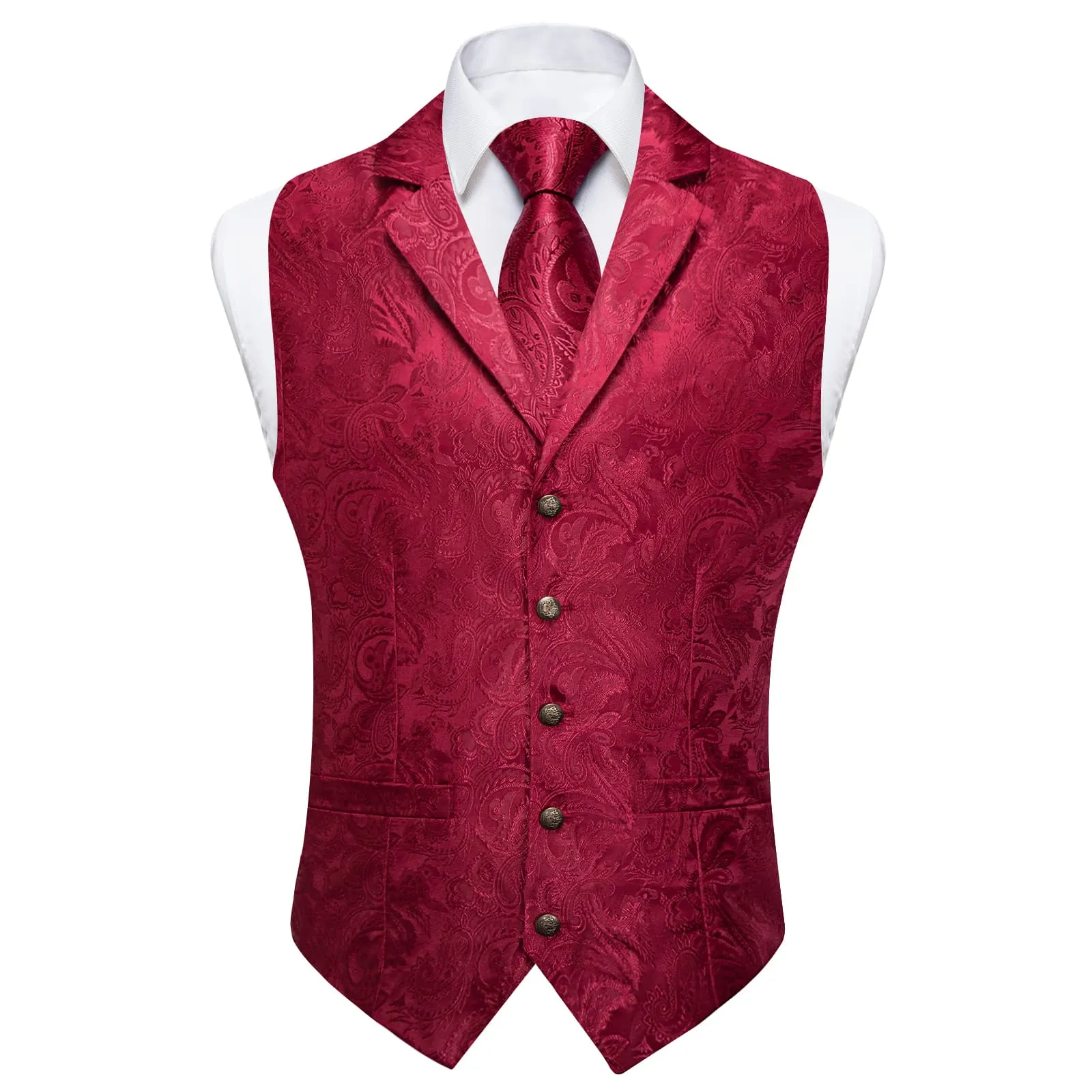 Ties2you Dress Vest Deep Wine Red Paisley Notched Collar Silk Mens Waistcoat Tie Set