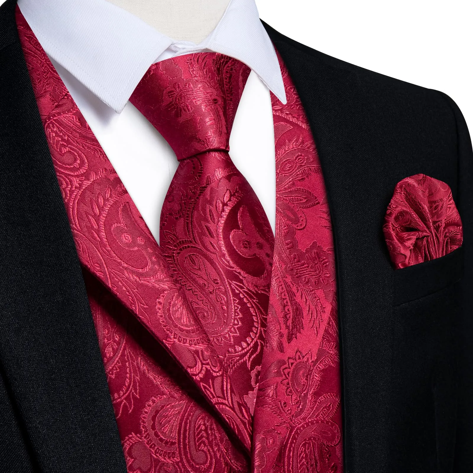 Ties2you Dress Vest Deep Wine Red Paisley Notched Collar Silk Mens Waistcoat Tie Set