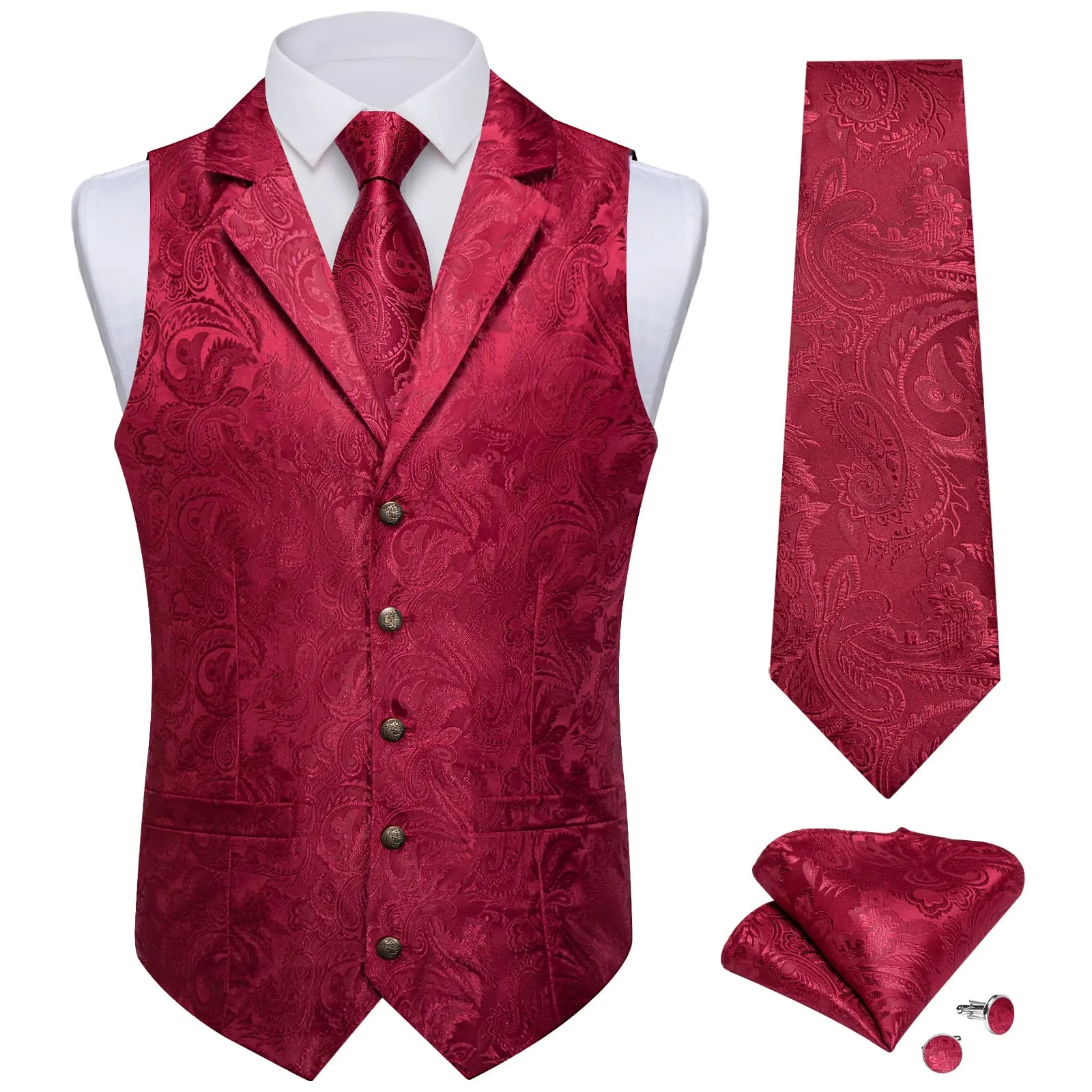 Ties2you Dress Vest Deep Wine Red Paisley Notched Collar Silk Mens Waistcoat Tie Set