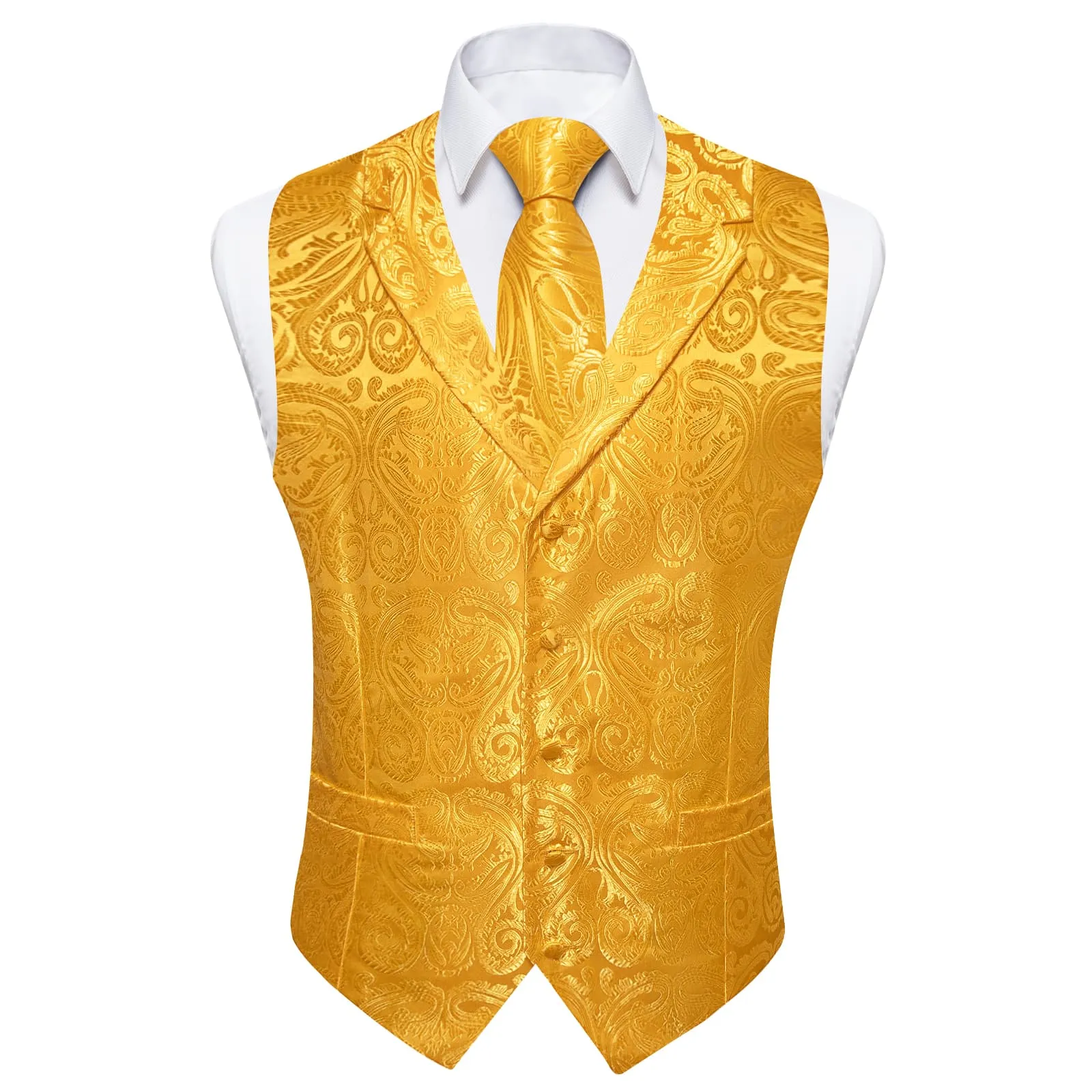 Ties2you Dress Vest Gamboge Yellow Paisley Notched Collar Silk Mens Work Vest Tie Set