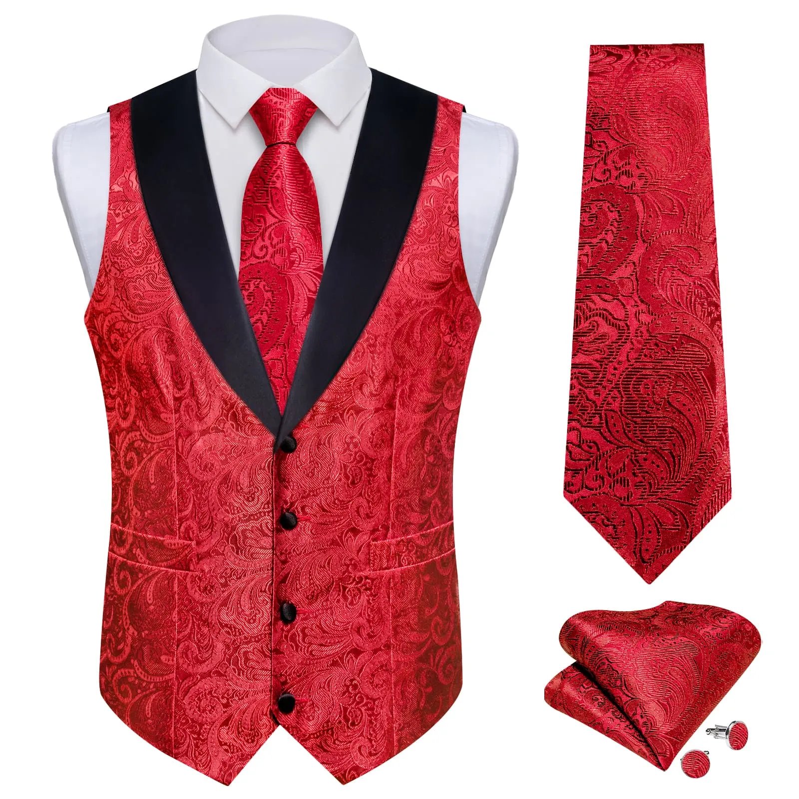 Ties2you Dress Vest Pure Red Shawl Collar Silk Mens Waistcoat Tie Set