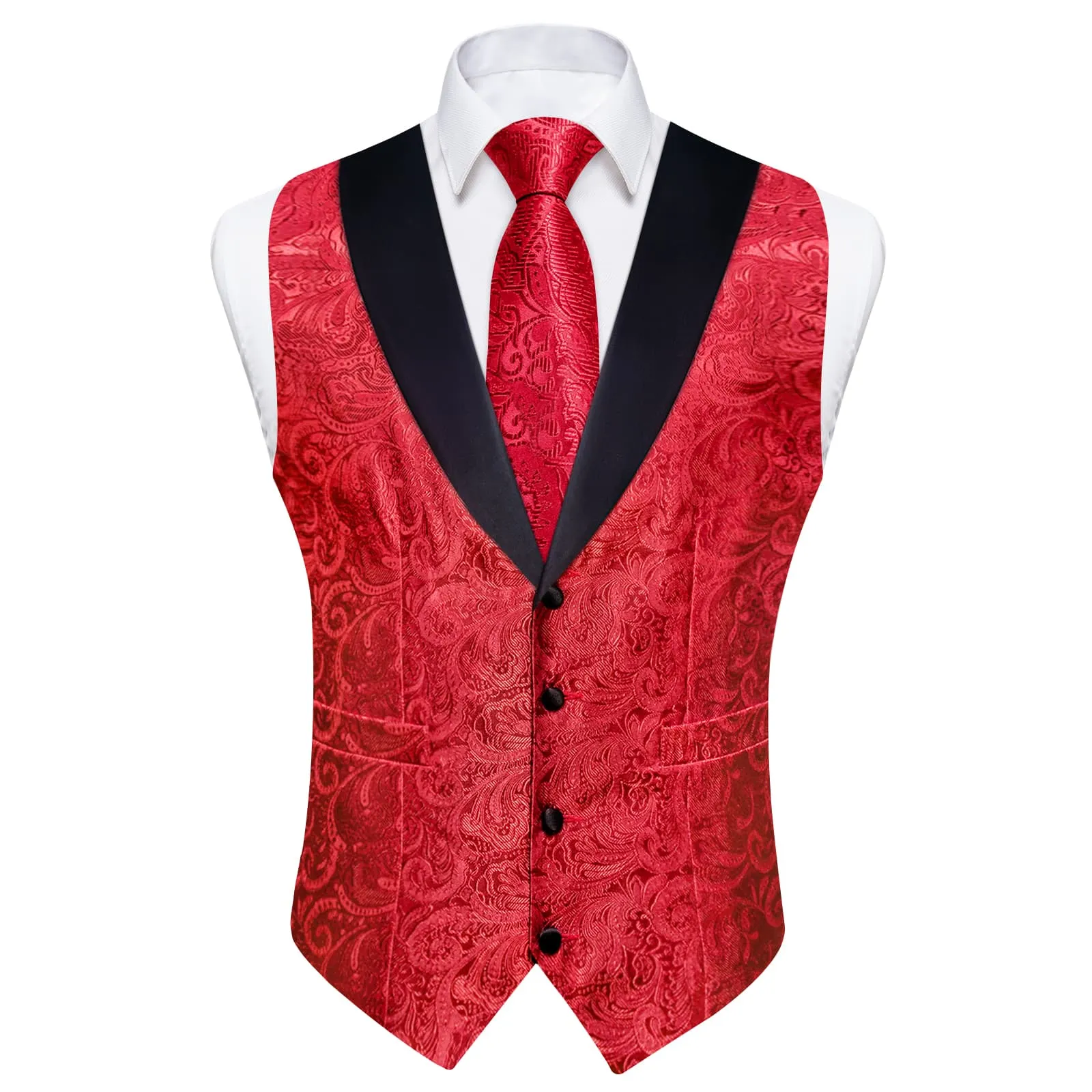 Ties2you Dress Vest Pure Red Shawl Collar Silk Mens Waistcoat Tie Set