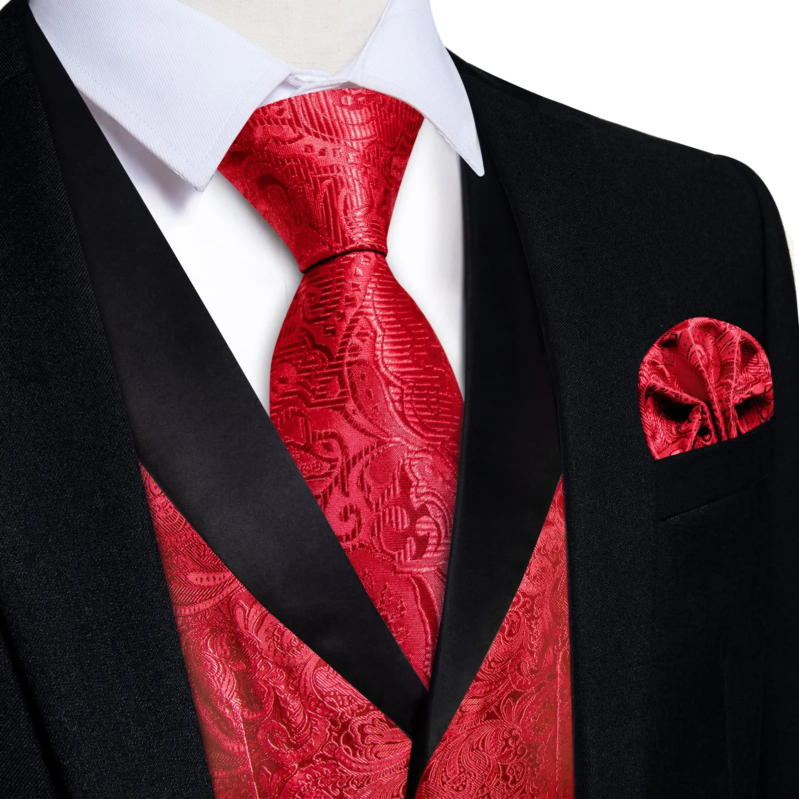 Ties2you Dress Vest Pure Red Shawl Collar Silk Mens Waistcoat Tie Set