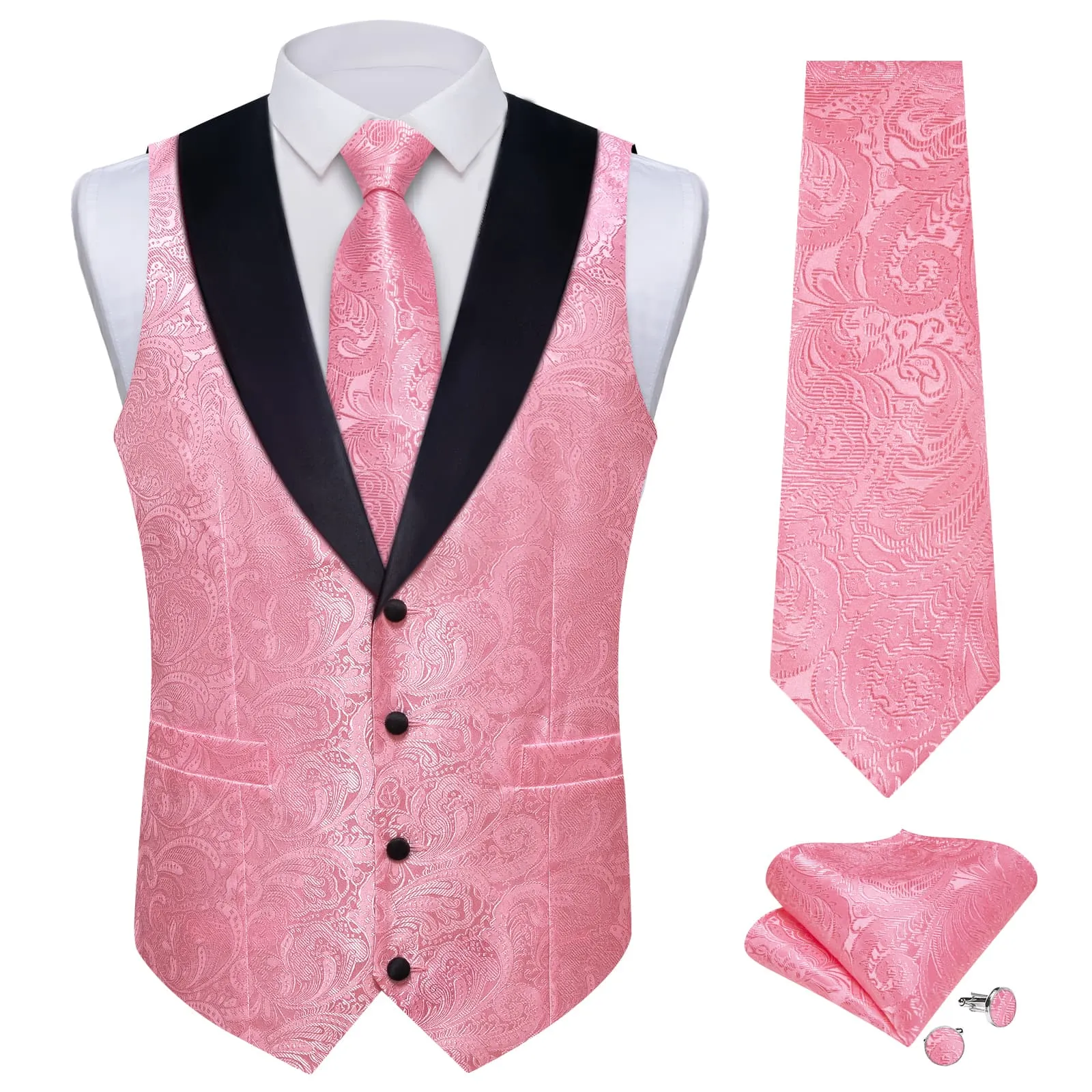 Ties2you Dress Vest Rose Pink Floral Shawl Collar Silk Mens Waistcoat Tie Set