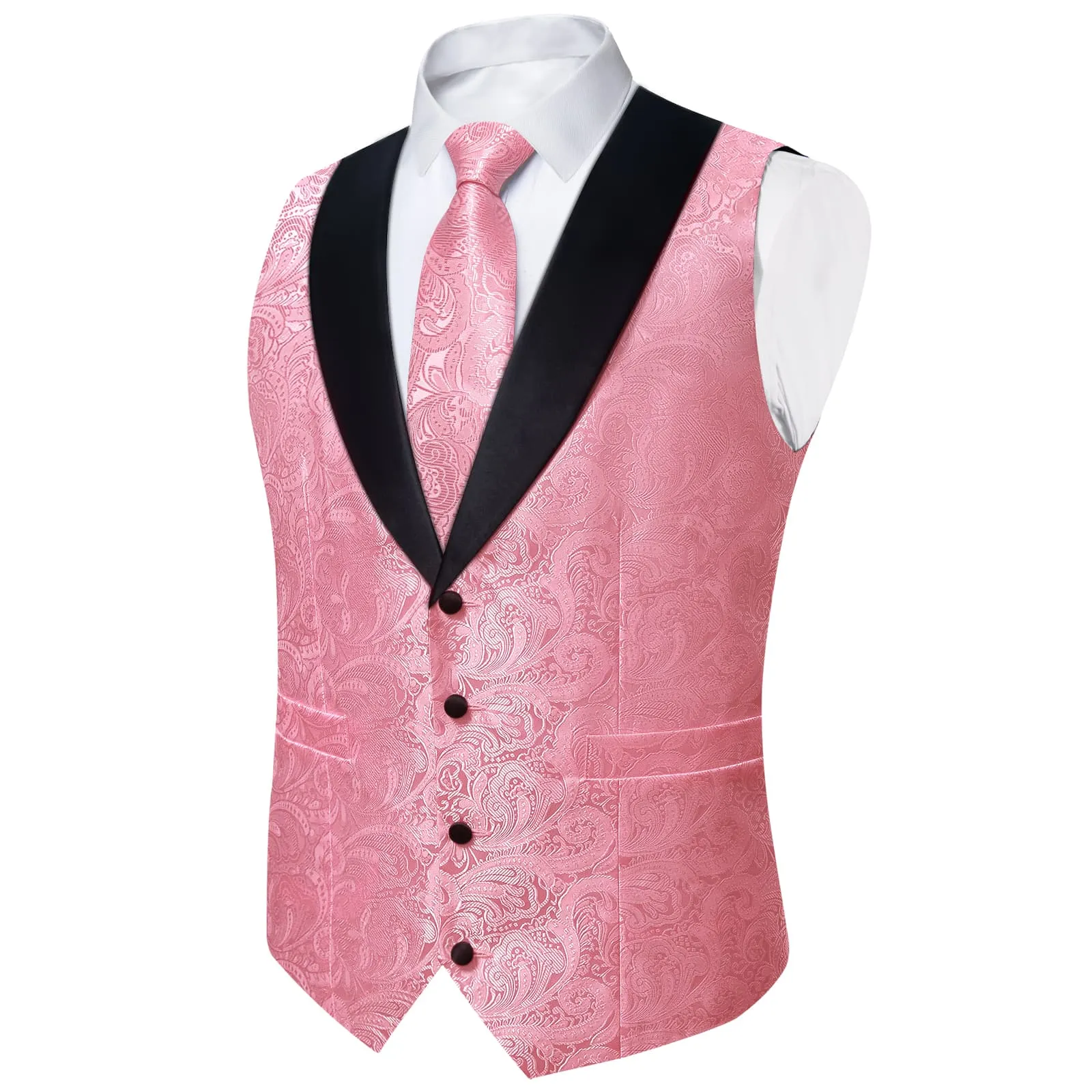 Ties2you Dress Vest Rose Pink Floral Shawl Collar Silk Mens Waistcoat Tie Set