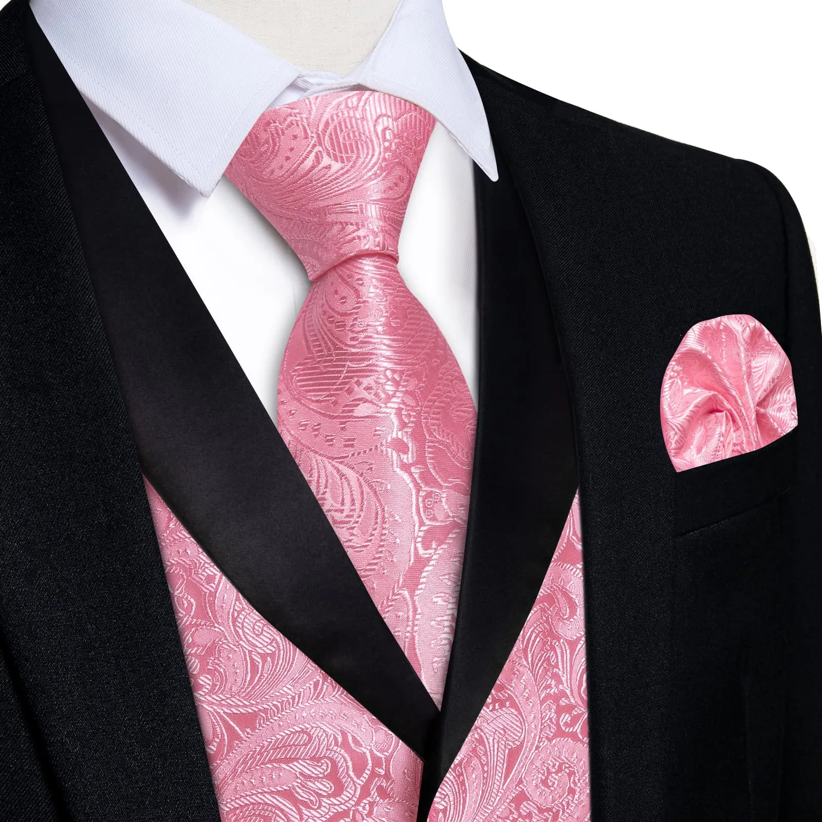 Ties2you Dress Vest Rose Pink Floral Shawl Collar Silk Mens Waistcoat Tie Set