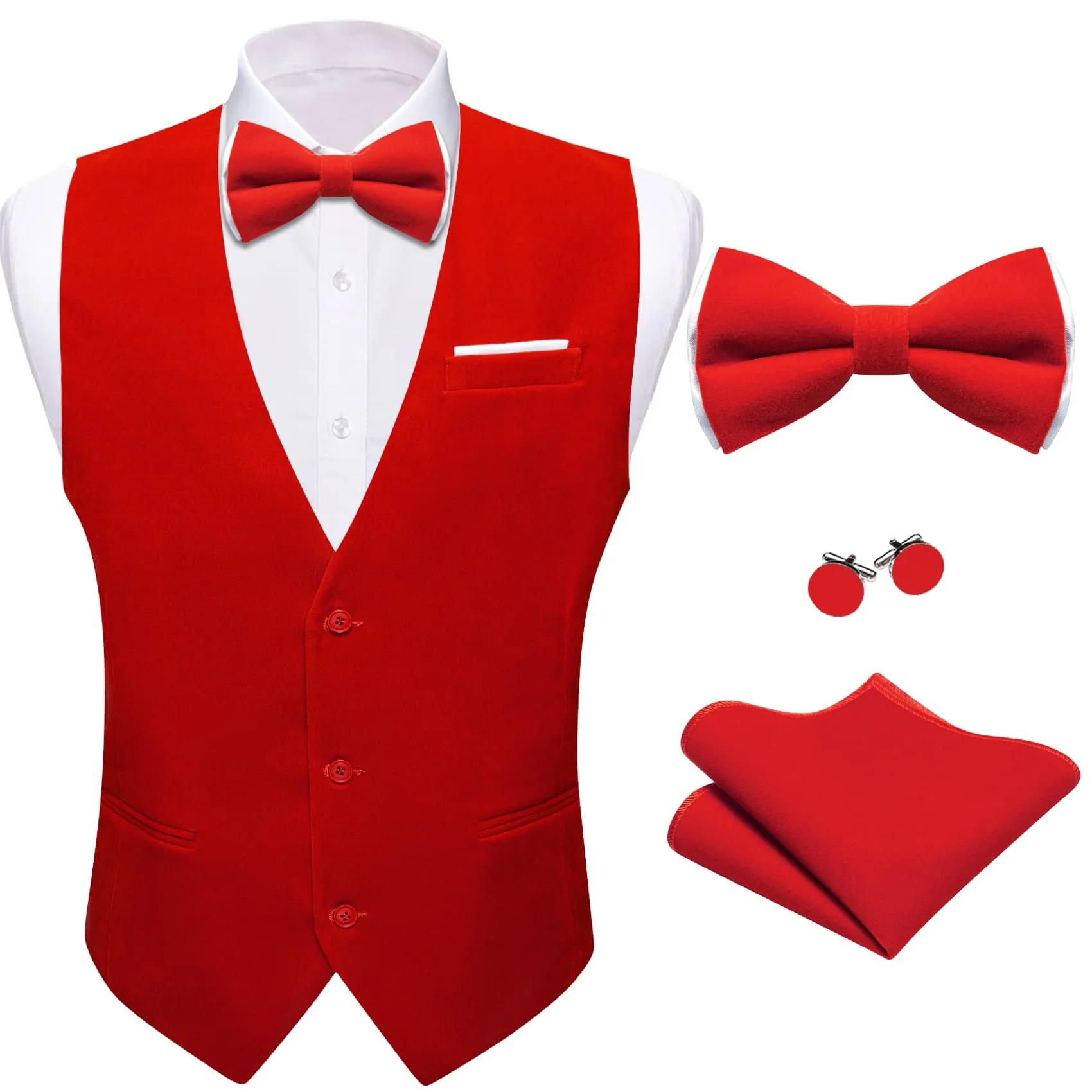 Ties2you Dress Vest Rosso Corsa Red Solid V-Neck Mens Suede Leather Vest Waistcoat Bow Tie Set