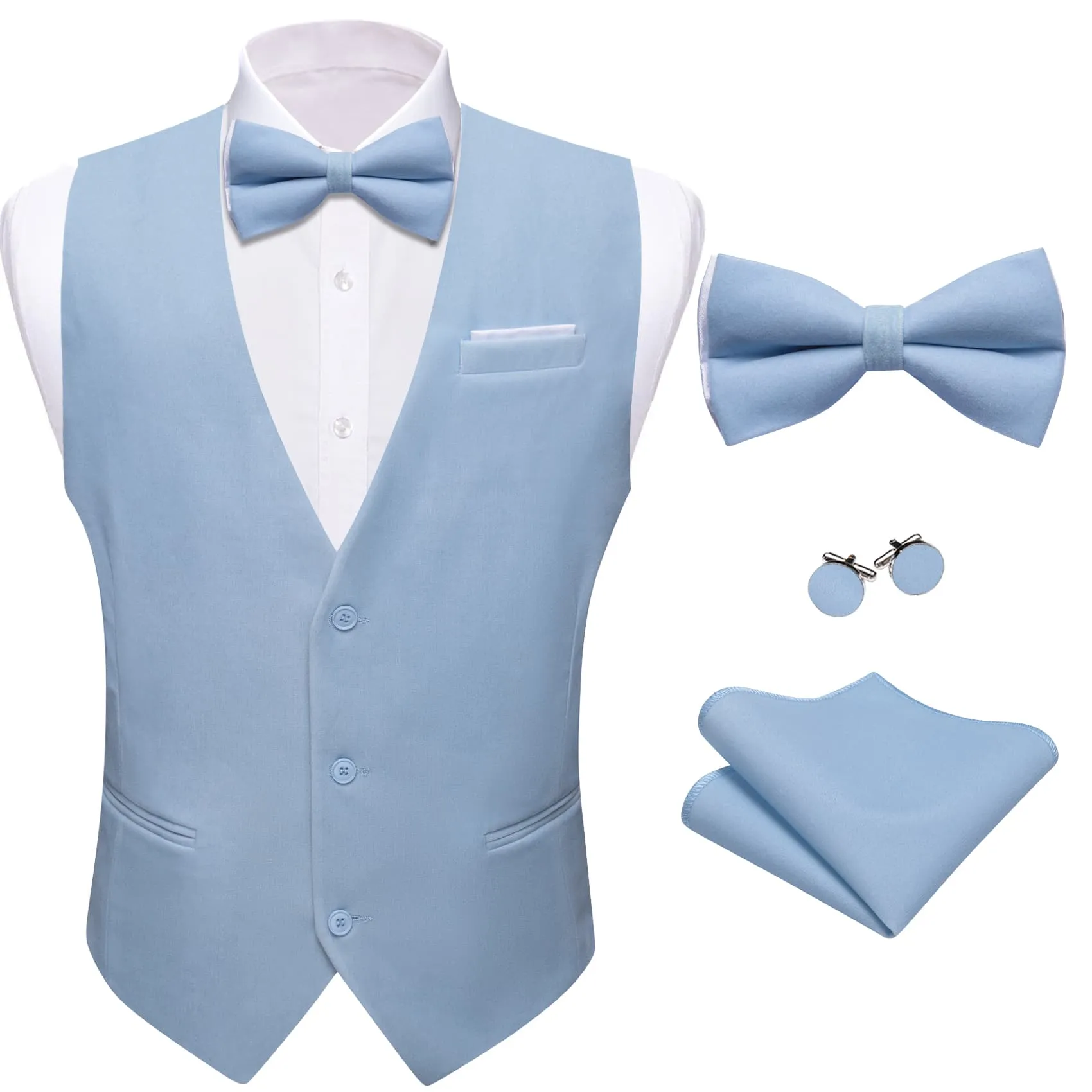 Ties2you Dress Vest Sky Blue Solid V-Neck Mens Waistcoat Suede Leather Vest Bow Tie Set