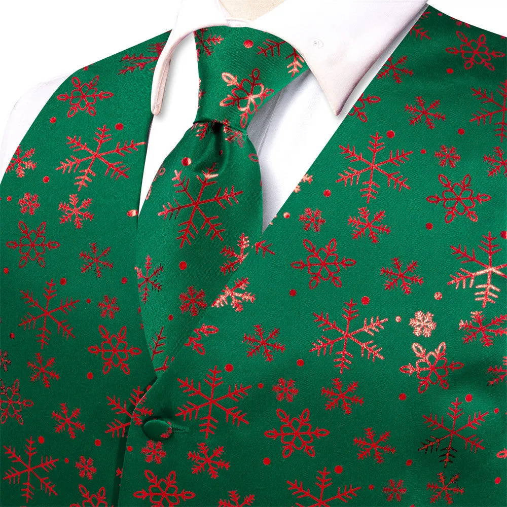 Ties2you Mens Green Red Christmas Snowflakes Silk Vest Necktie Set