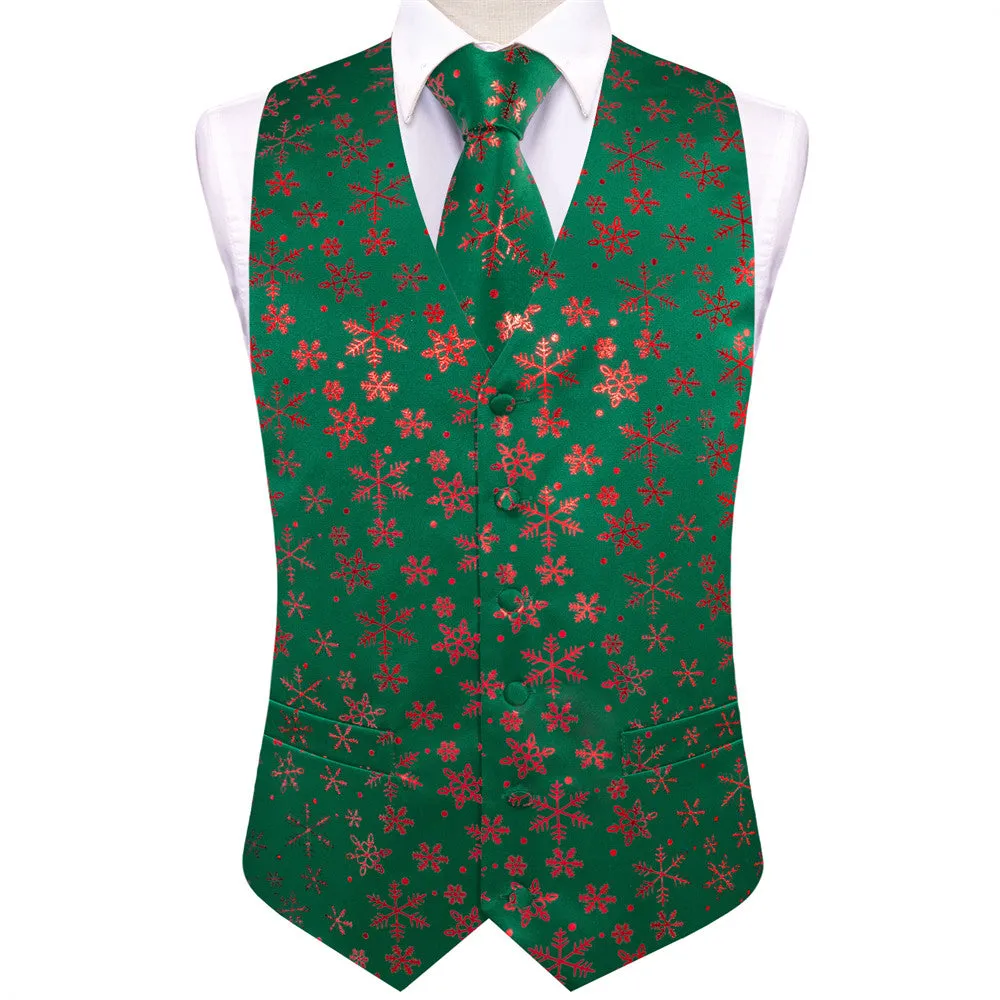 Ties2you Mens Green Red Christmas Snowflakes Silk Vest Necktie Set