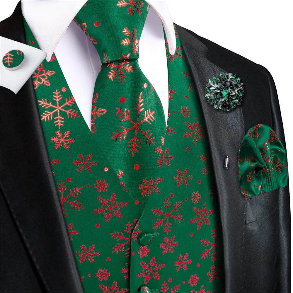 Ties2you Mens Green Red Christmas Snowflakes Silk Vest Necktie Set