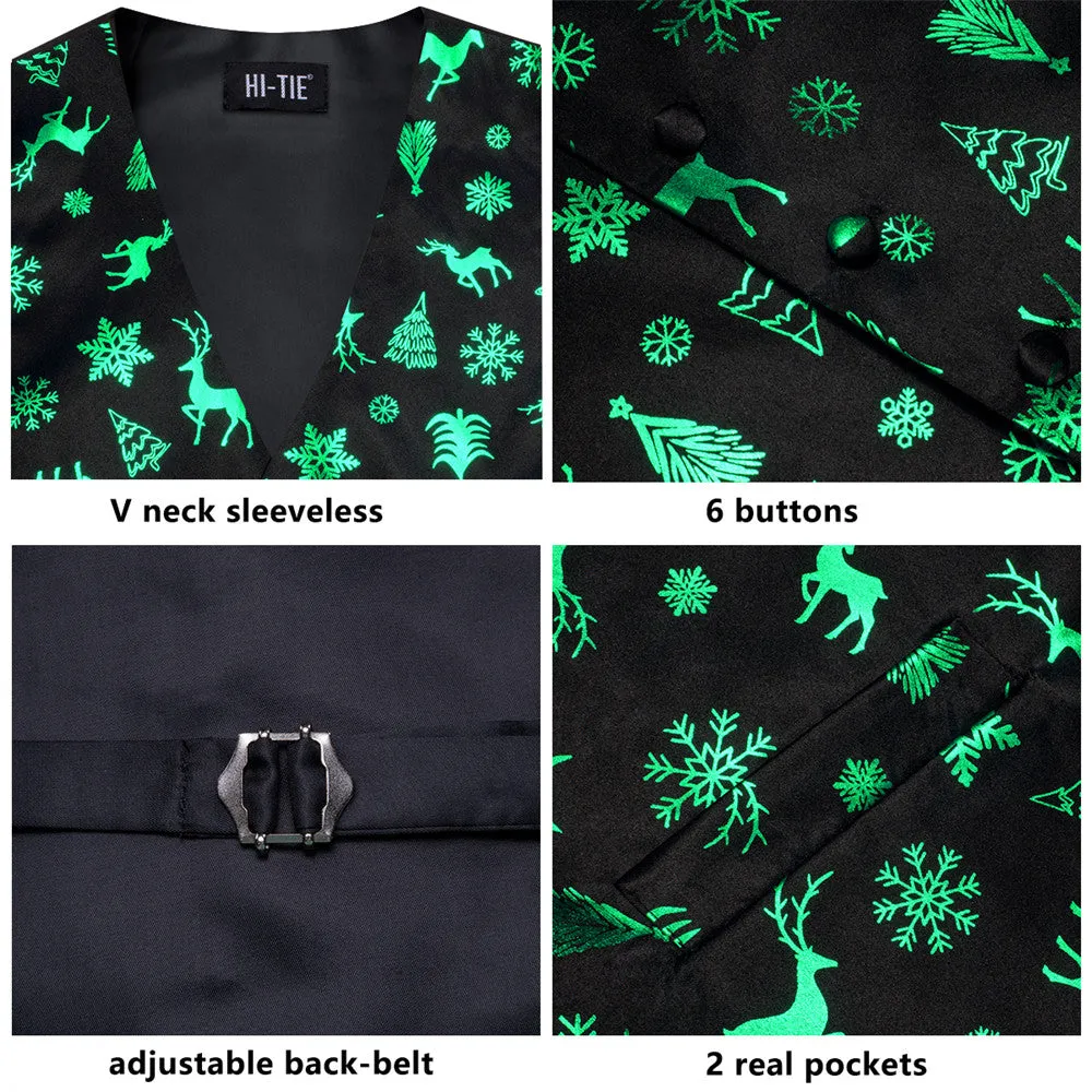 Ties2you Mens Silk Waistcoat Black Green Christmas Elements Vest Necktie Set