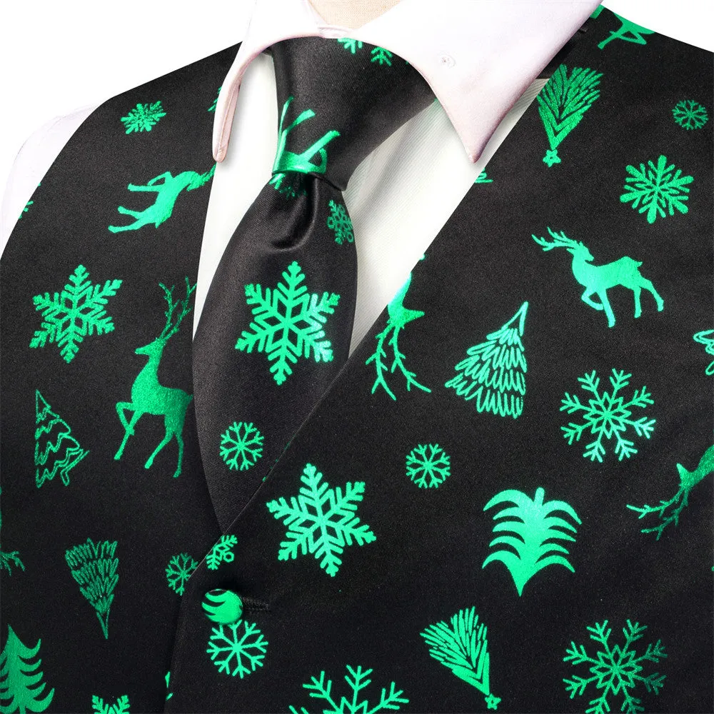 Ties2you Mens Silk Waistcoat Black Green Christmas Elements Vest Necktie Set