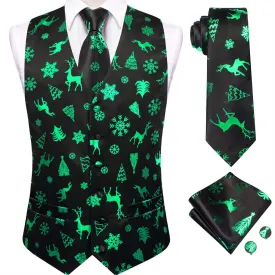 Ties2you Mens Silk Waistcoat Black Green Christmas Elements Vest Necktie Set