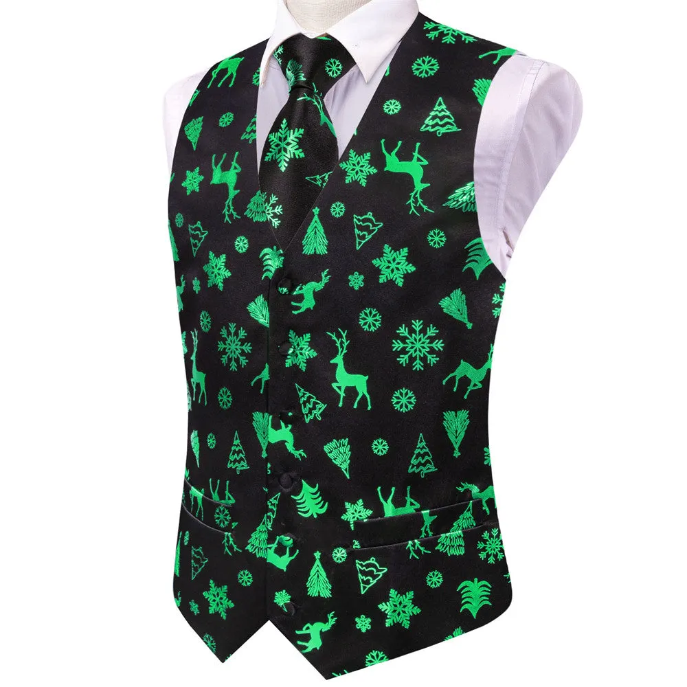 Ties2you Mens Silk Waistcoat Black Green Christmas Elements Vest Necktie Set