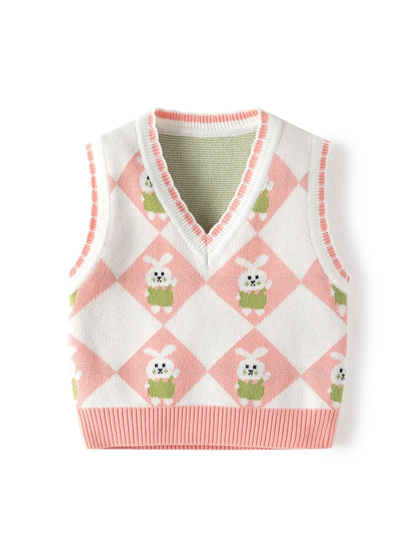 Toddler Kid's Bunny Pattern Cable Knit Vest, Color Clash V-neck Sleeveless Sweater, Baby Girl's Clothing