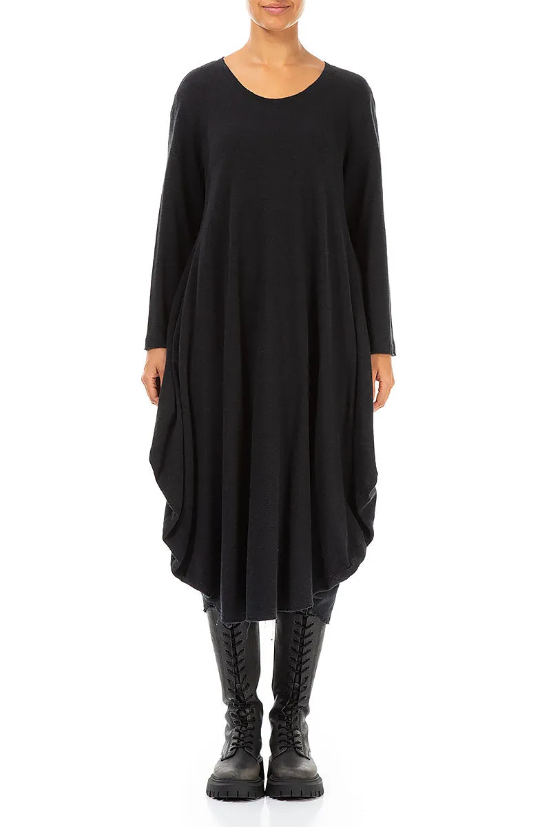 Wide Black Rib Cotton Wool Dress