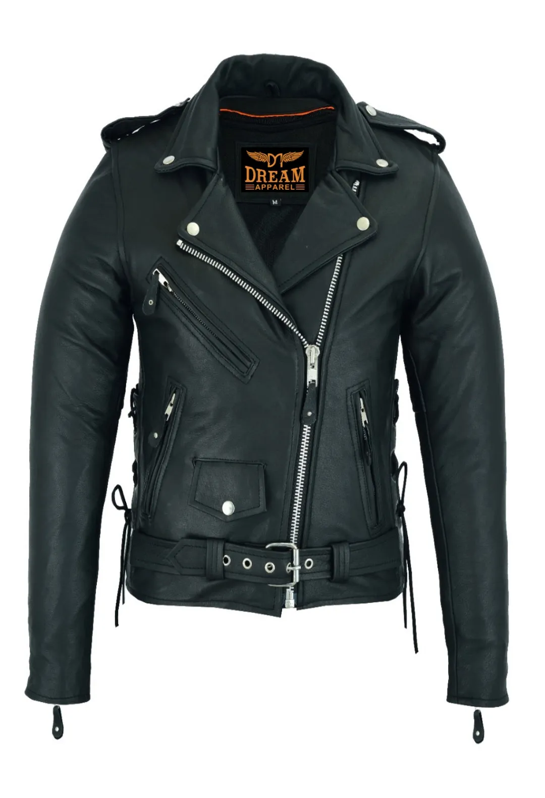 Women Motorcycle Classic Leather Jacket Premier Cowhide Leather Conceal Carry Pockets Side Laces