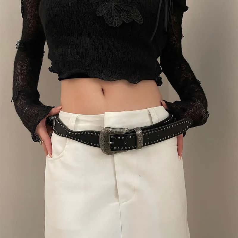 Women's Advanced Chic Black Rivets Leather Belt