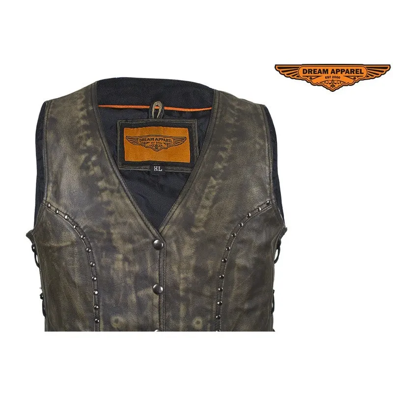 WOMENS MOTORCYCLE CLASSIC DISTRESSED BROWN LEATHER VEST