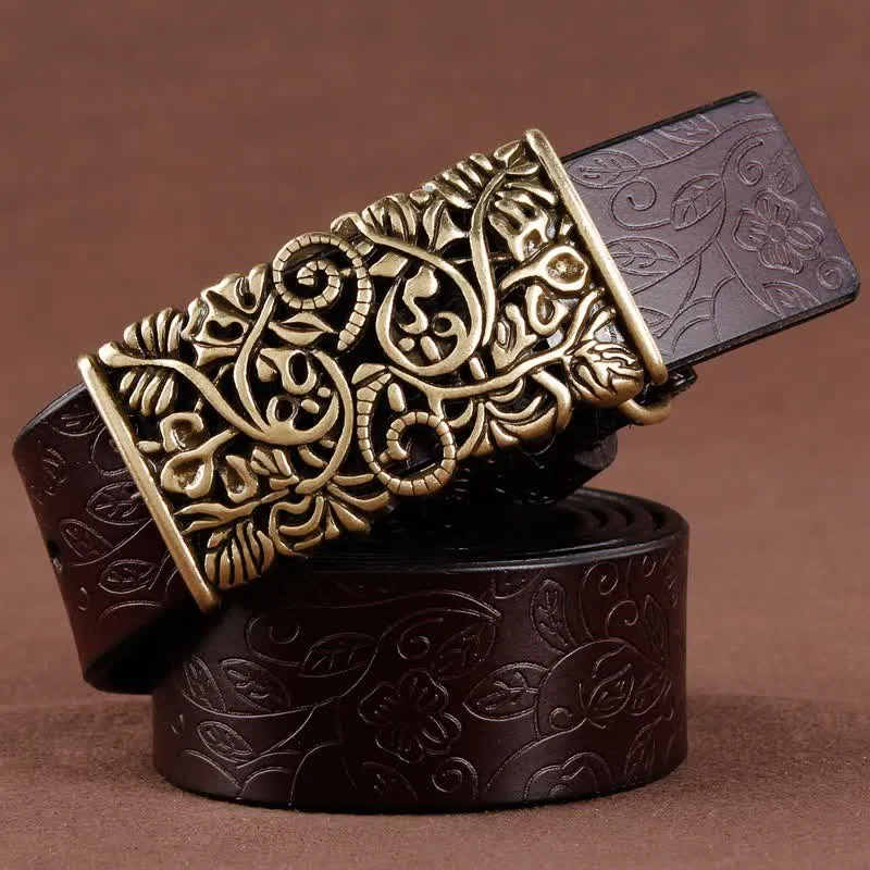 Women's Retro Embossed Hollow Flower Buckle Leather Belt