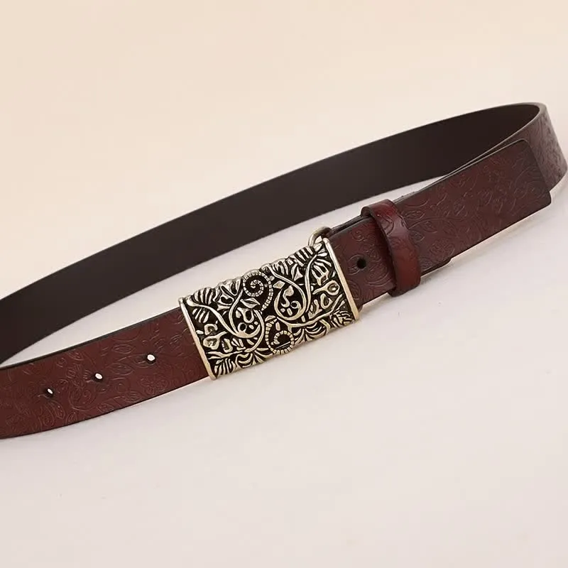 Women's Retro Embossed Hollow Flower Buckle Leather Belt